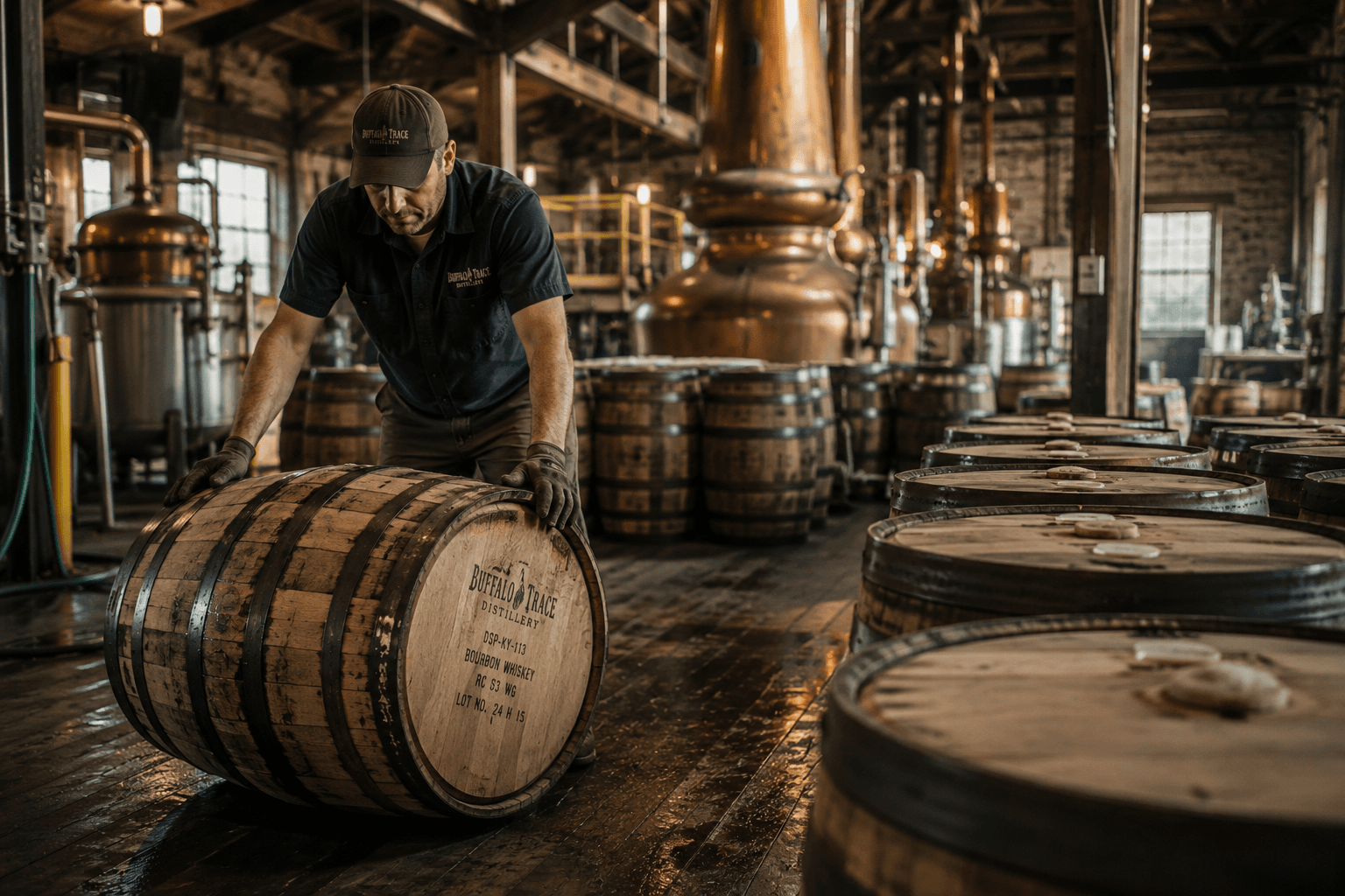 A distillery worker moving a whiskey barrel through an active production facility with copper equipment in the background.