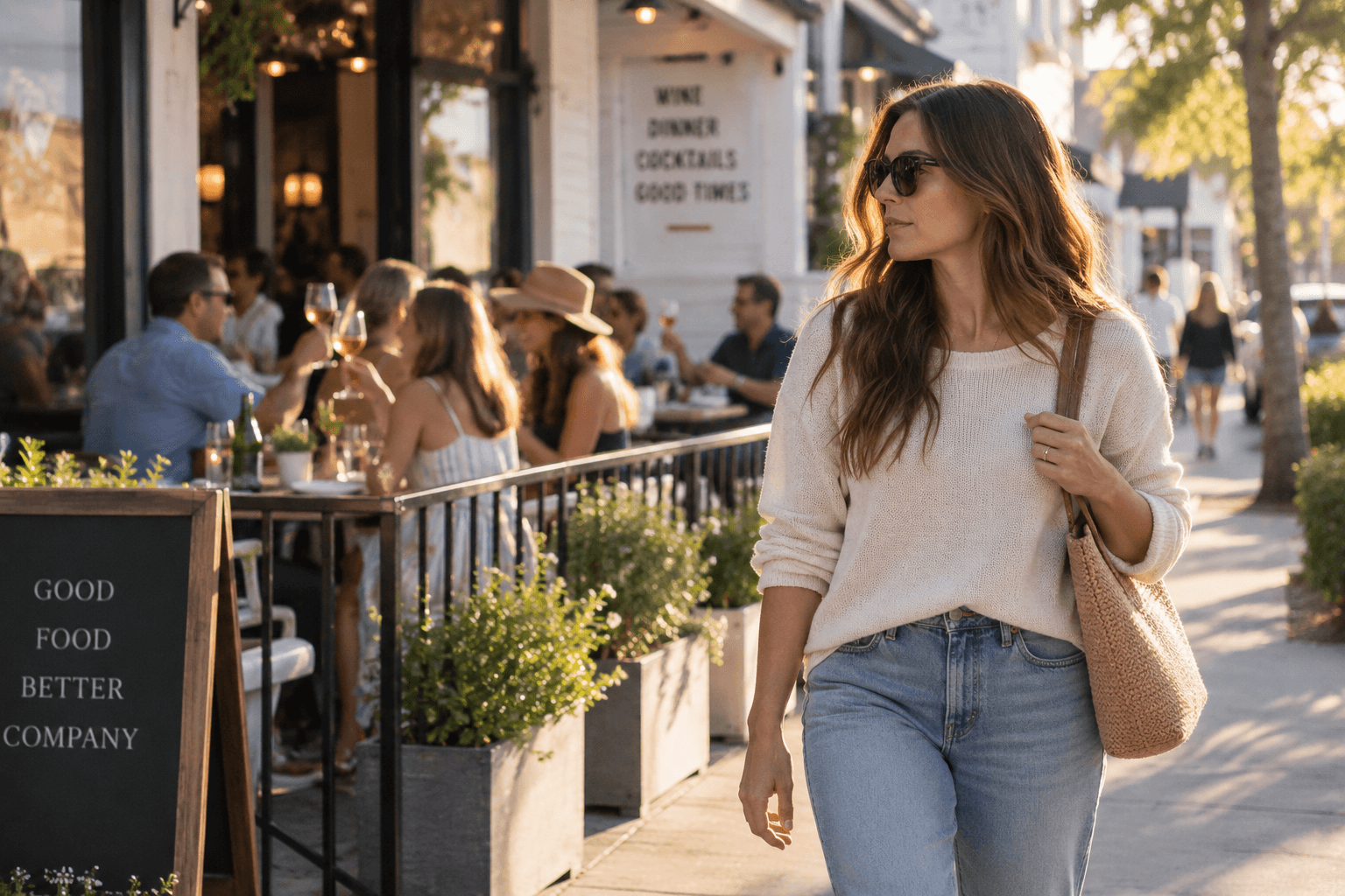 A woman walking past a lively restaurant patio where people are drinking wine during an ordinary golden-hour evening.