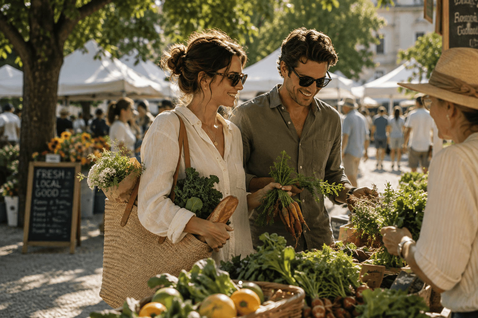 A couple shopping for vegetables, bread and flowers at a sunny farmers market, representing lifestyle factors that can complicate alcohol research.