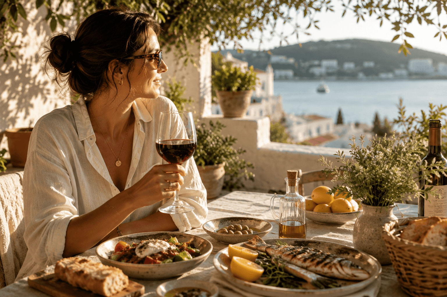 A woman enjoying red wine with a Mediterranean-style meal in a bright coastal setting.