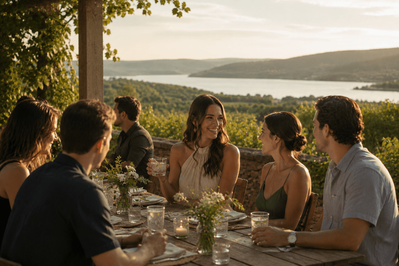 An elegant alcohol-free social gathering with sparkling water and non-alcoholic drinks in a relaxed setting.