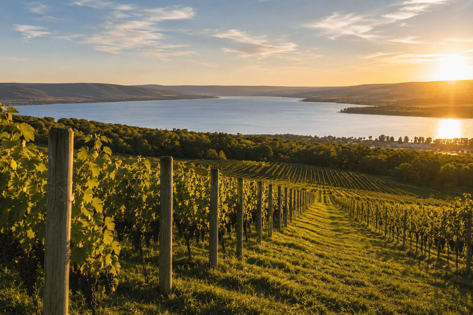 A peaceful Finger Lakes vineyard overlooking the water in warm late-summer light.