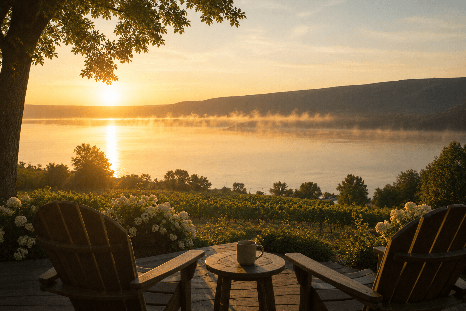 A peaceful Finger Lakes morning with soft sunlight reflecting across the lake.