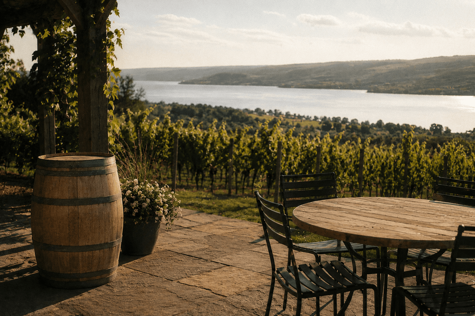 Rows of vines stretching across a peaceful Finger Lakes vineyard in warm late-summer light.