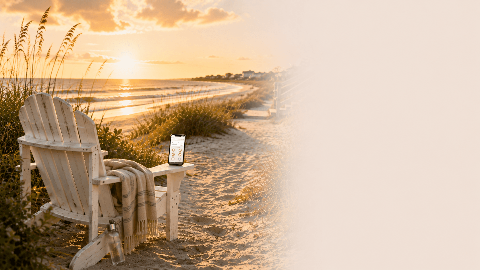 Nova sobriety milestones and recovery medals displayed beside a peaceful coastal boardwalk.