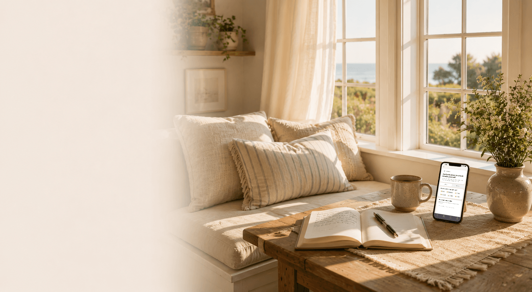 A peaceful breakfast nook in warm morning light with the Nova sobriety journal displayed on a phone.