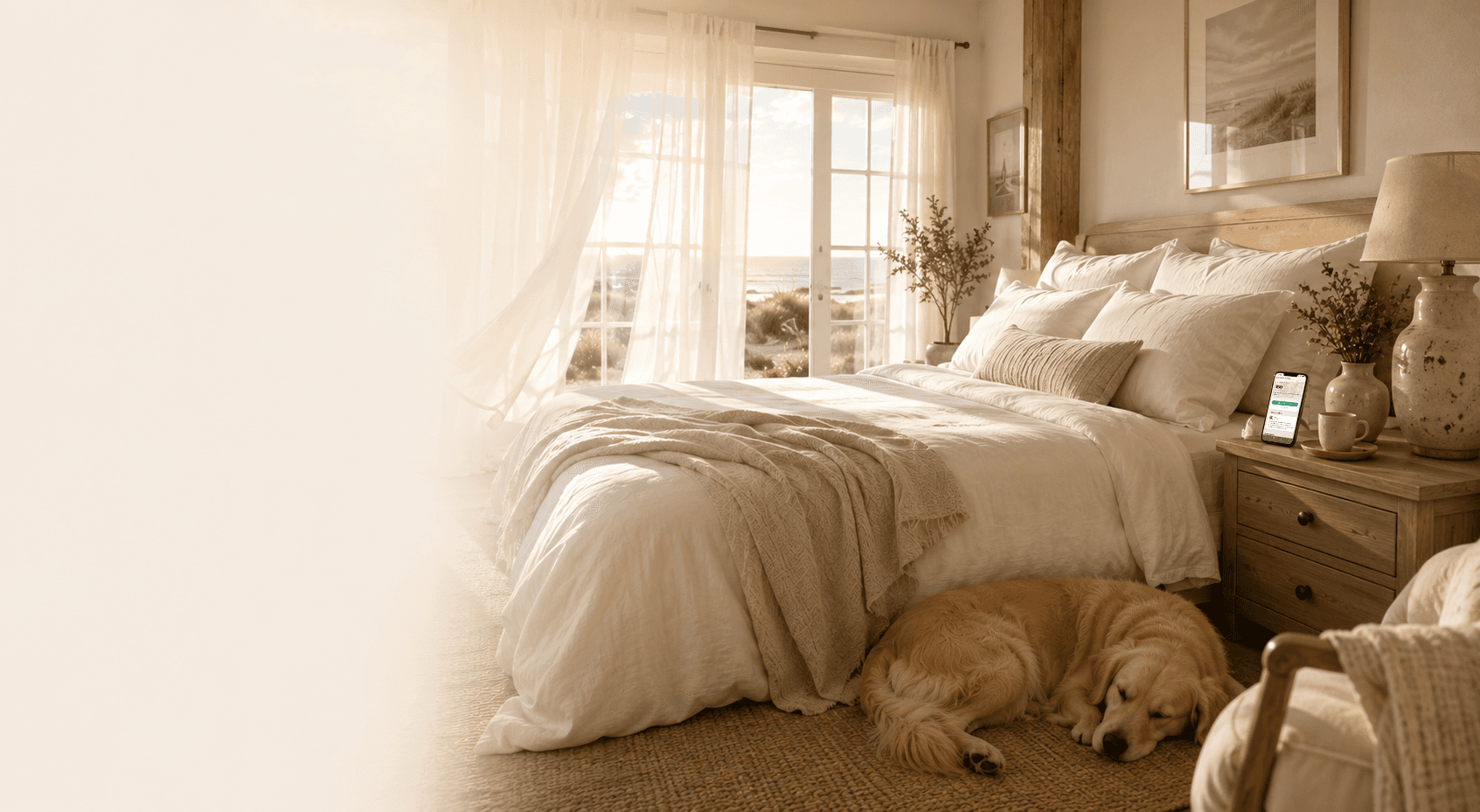 A peaceful coastal bedroom in warm morning light with a Golden Retriever resting beside the bed and the Nova sobriety companion displayed on a phone.