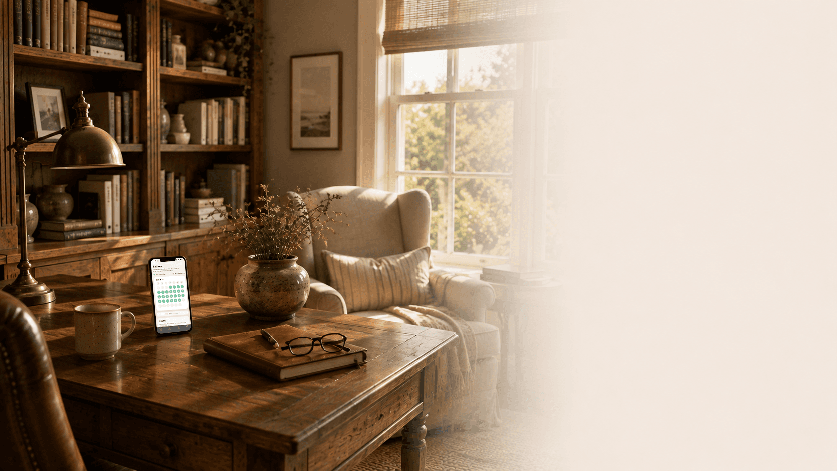 A warm study with the Nova sobriety tracker displaying recovery patterns on a phone.